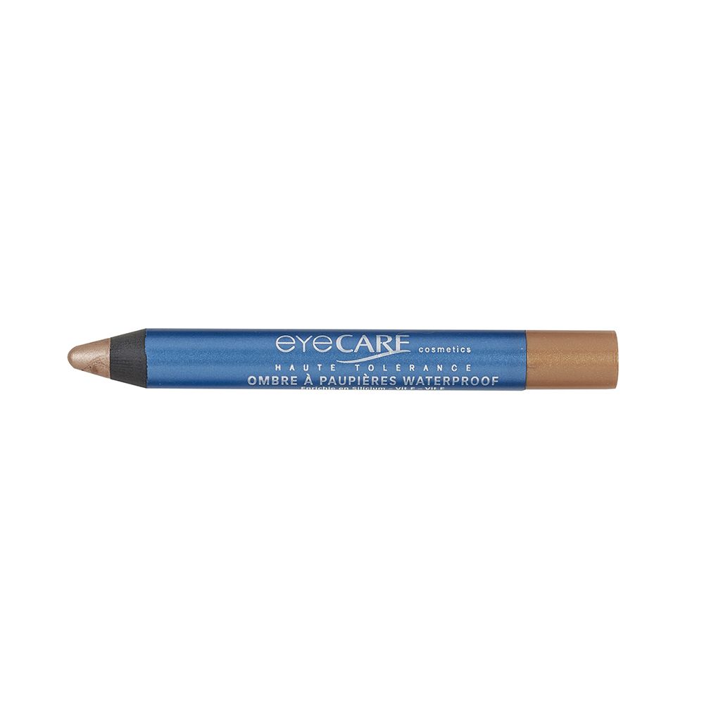 Blauw potlood met goudkleurig uiteinde. Opschrift: EYECARE cosmetics, Ombre à paupières waterproof.