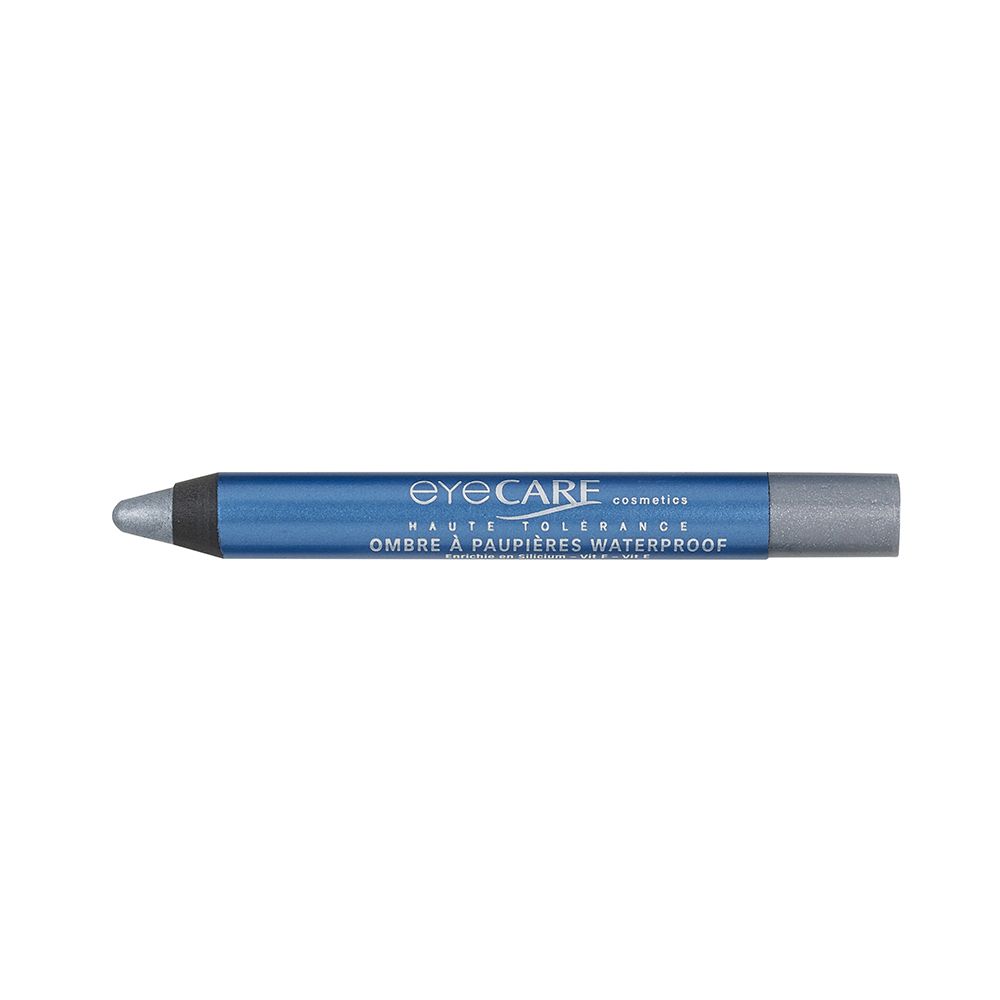 Crayon fard à paupières jumbo bleu avec pointe argentée. Inscription: eyeCARE, Ombre à Paupières Waterproof.