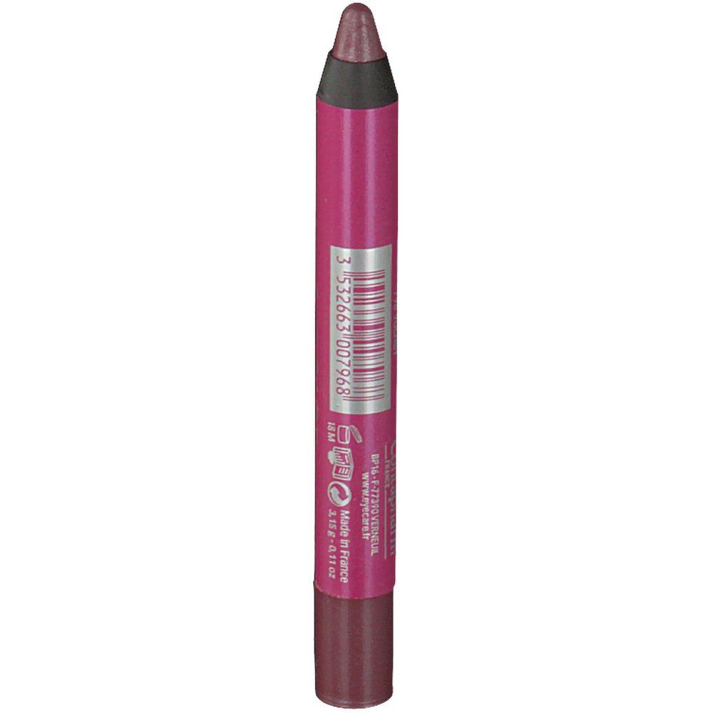 Rouge à lèvres en forme de crayon. Dos avec code-barres et informations sur le produit. Inscription: Eye Care.