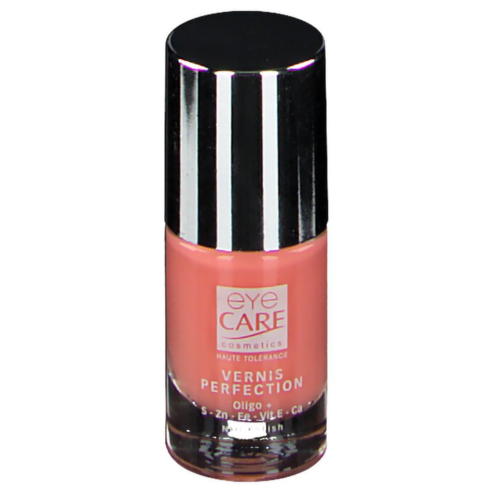 Flacon de vernis à ongles rose. Bouchon argenté avec dessus noir. Inscription : EYE CARE, VERNIS PERFECTION.