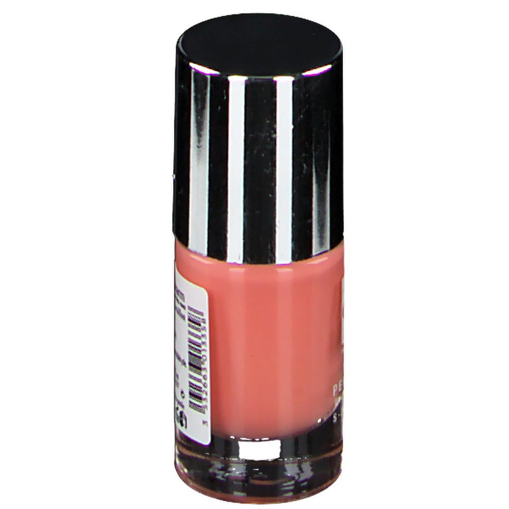 Flacon de vernis à ongles rose. Bouchon argenté avec dessus noir. Inscription : VERNIS PERFECTION.