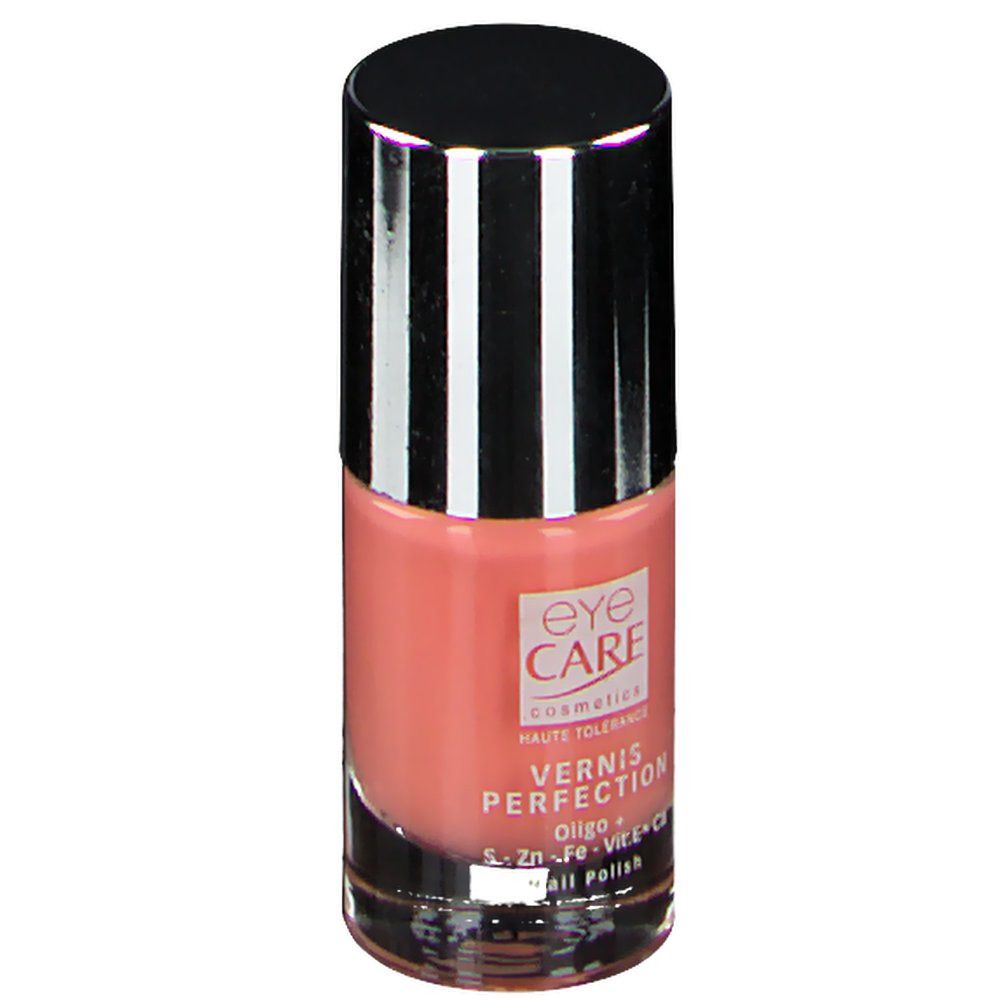 Flacon de vernis à ongles rose. Bouchon argenté avec dessus noir. Inscription : EYE CARE, VERNIS PERFECTION, Oligo + S-Zn-Fe-Vit.E-Ca Nail Polish.
