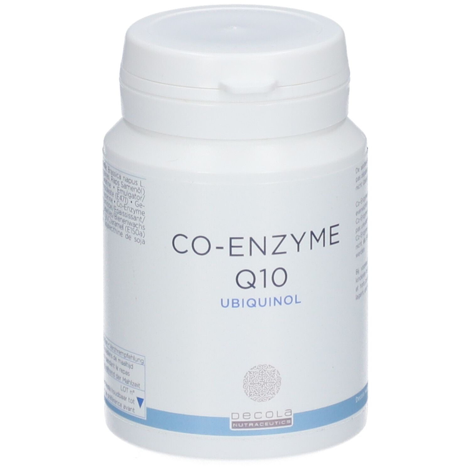 Flacon blanc avec "CO-ENZYME Q10" et "ubiquinol". Logo et ligne bleue en bas.