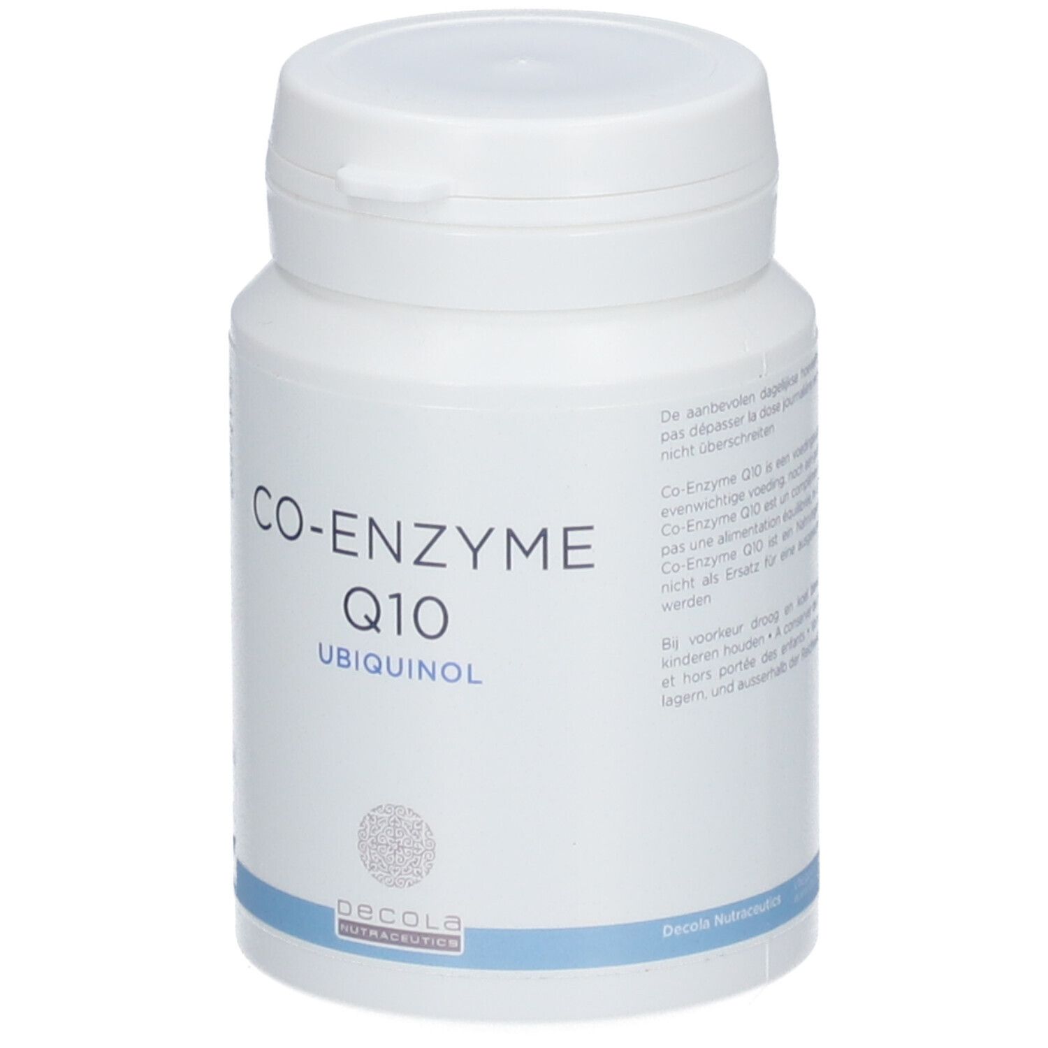 Flacon blanc avec "CO-ENZYME Q10" et "ubiquinol". Logo et ligne bleue en bas.