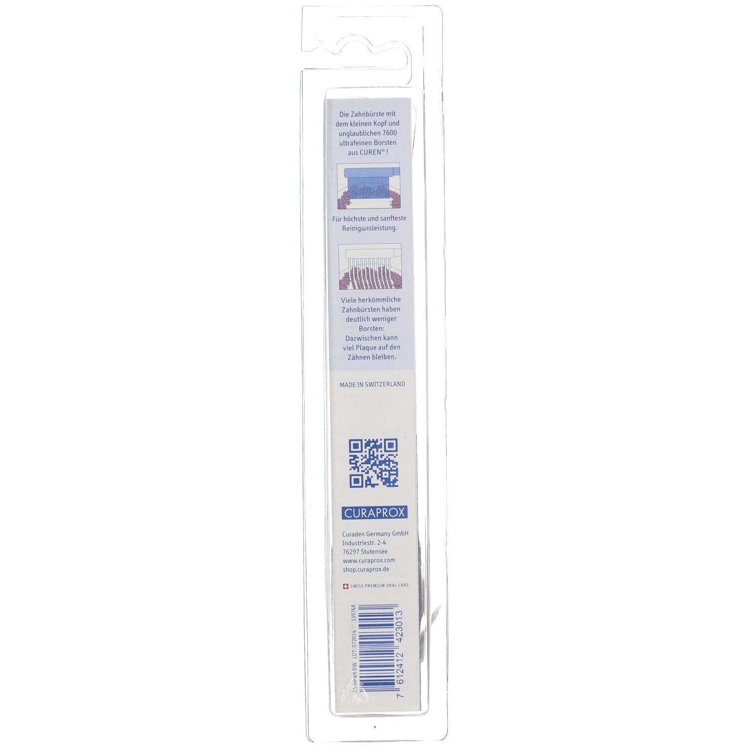 Dos de l'emballage de la brosse à dents. Texte et illustrations de description du produit. Code QR et logo de la marque CURAPROX.