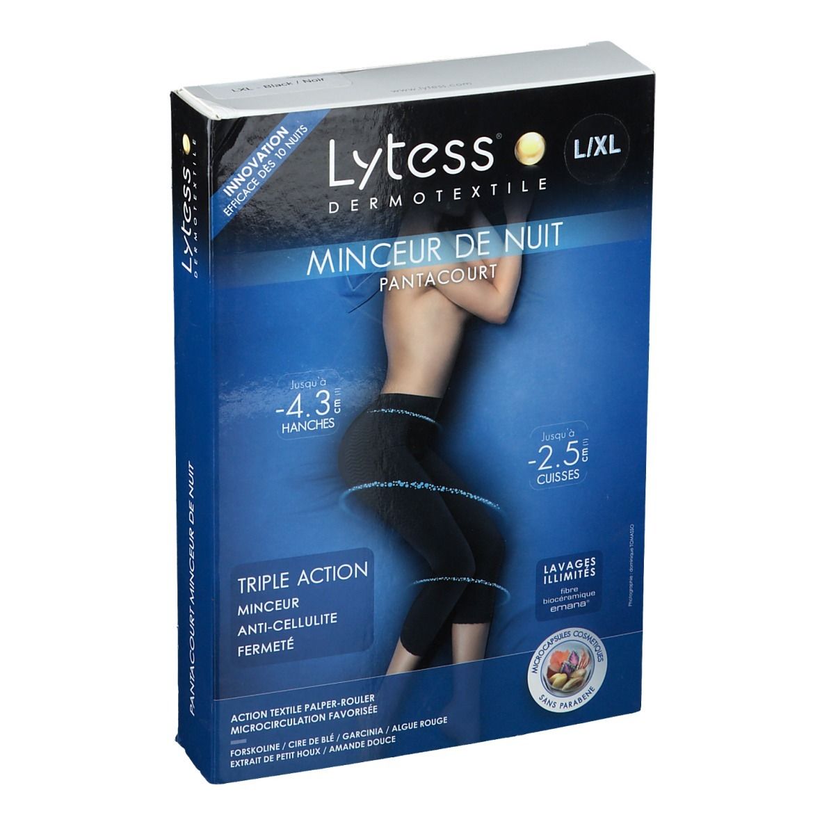 Pantacourt Nacht L/XL noir dans emballage. Marque Lytess, texte: Triple Action, Minceur, Anti-Cellulite, Fermeté.