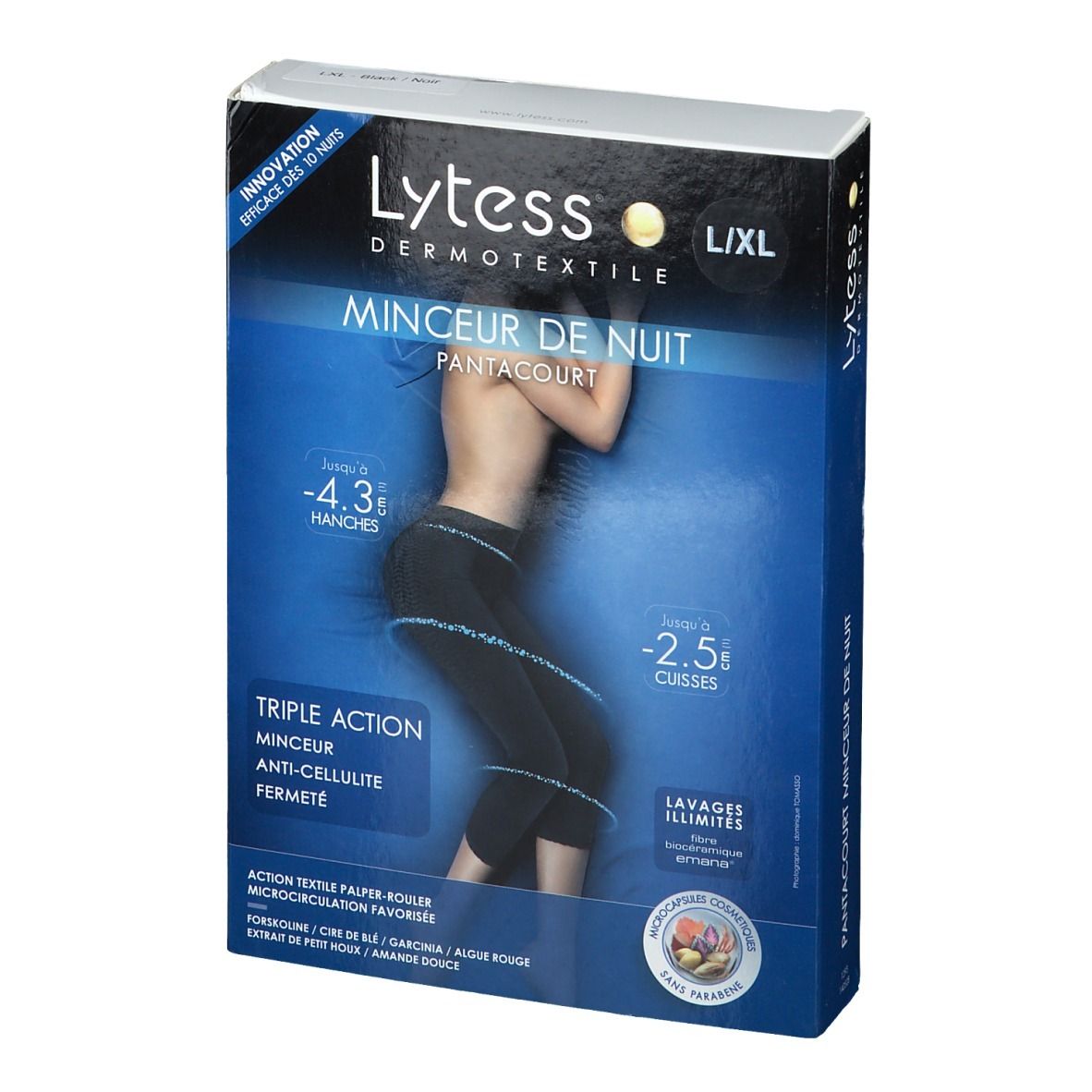 Pantacourt Nacht L/XL noir dans emballage. Marque Lytess, texte: Triple Action, Minceur, Anti-Cellulite, Fermeté.