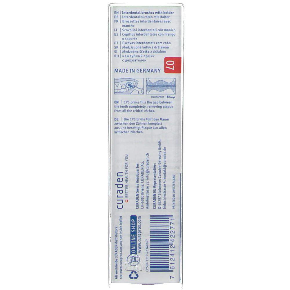 Emballage de la brosse interdentaire. Texte avec informations sur le produit et fabricant.