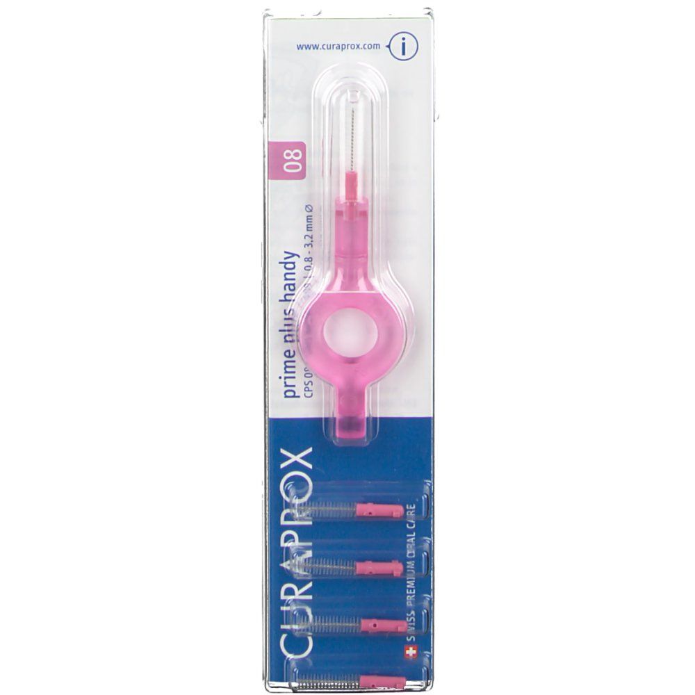 Brosse interdentaire rose avec support. Emballage avec nom du produit et taille 0,8 mm. Marque Curaprox.