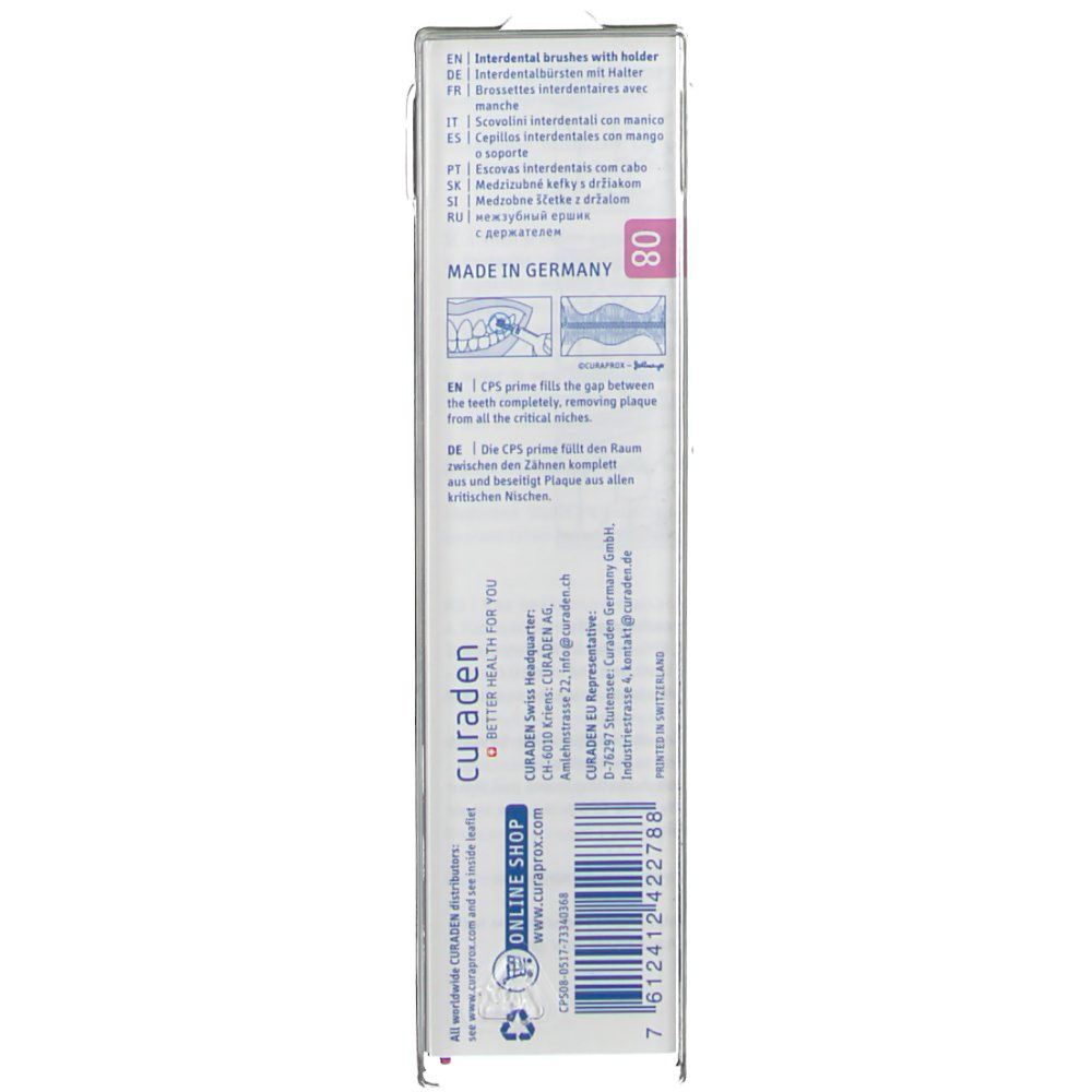 Emballage des brosses interdentaires. Nom du produit, taille 0,8 mm et marque Curaprox. Texte en plusieurs langues.