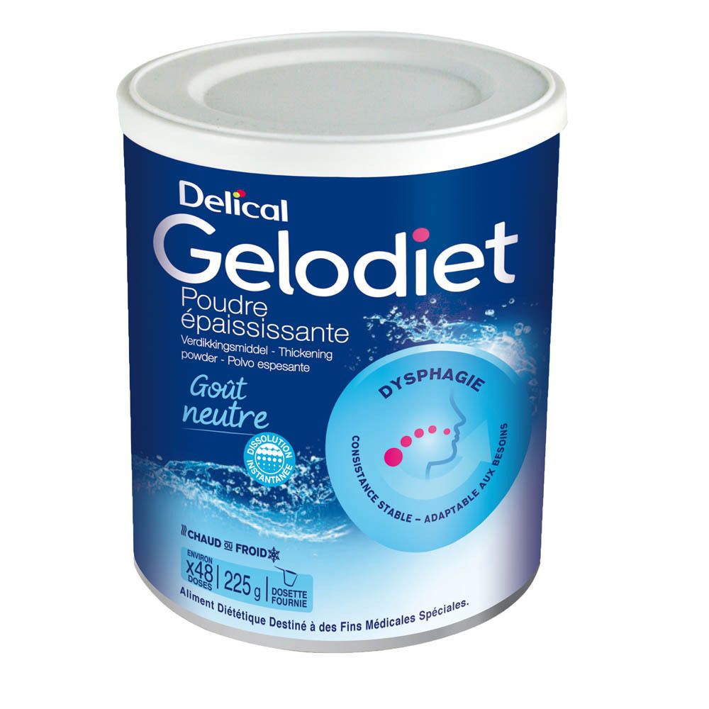 Delical Gelodiet Poudre épaississante. Blauwe bus met wit deksel. Opschrift: Dysfagie, Neutrale smaak. Product voor medische doeleinden.