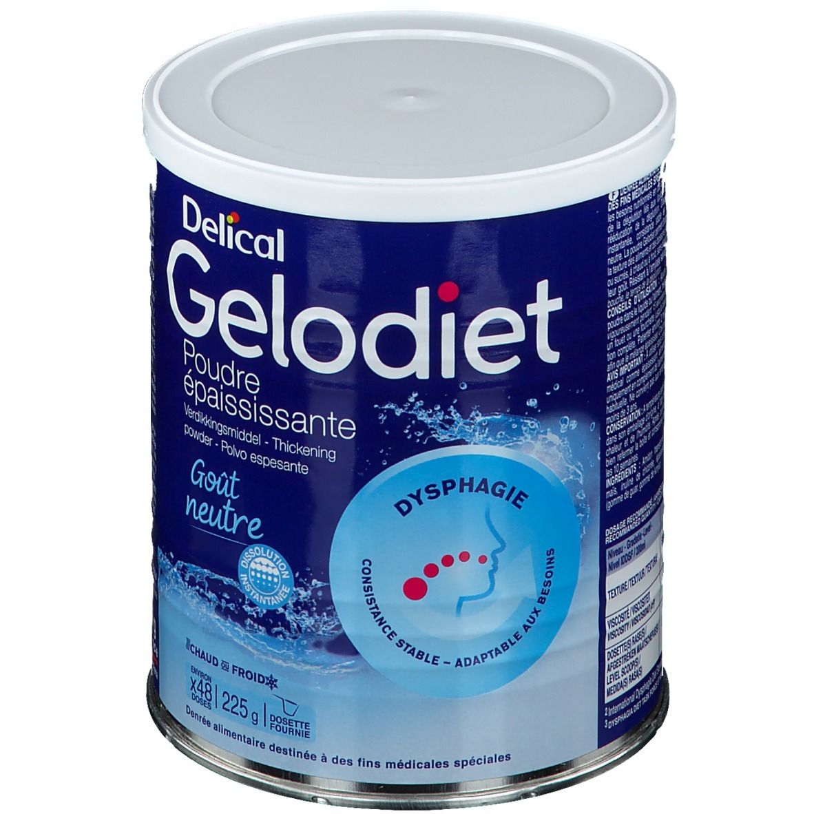 Delical Gelodiet Poudre épaississante. Blauwe bus met wit deksel. Opschrift: Dysfagie, Neutrale smaak. Product voor medische doeleinden.