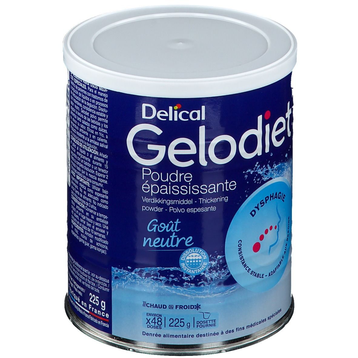 Delical Gelodiet Poudre épaississante. Blauwe bus met wit deksel. Opschrift: Dysfagie, Neutrale smaak. Product voor medische doeleinden.