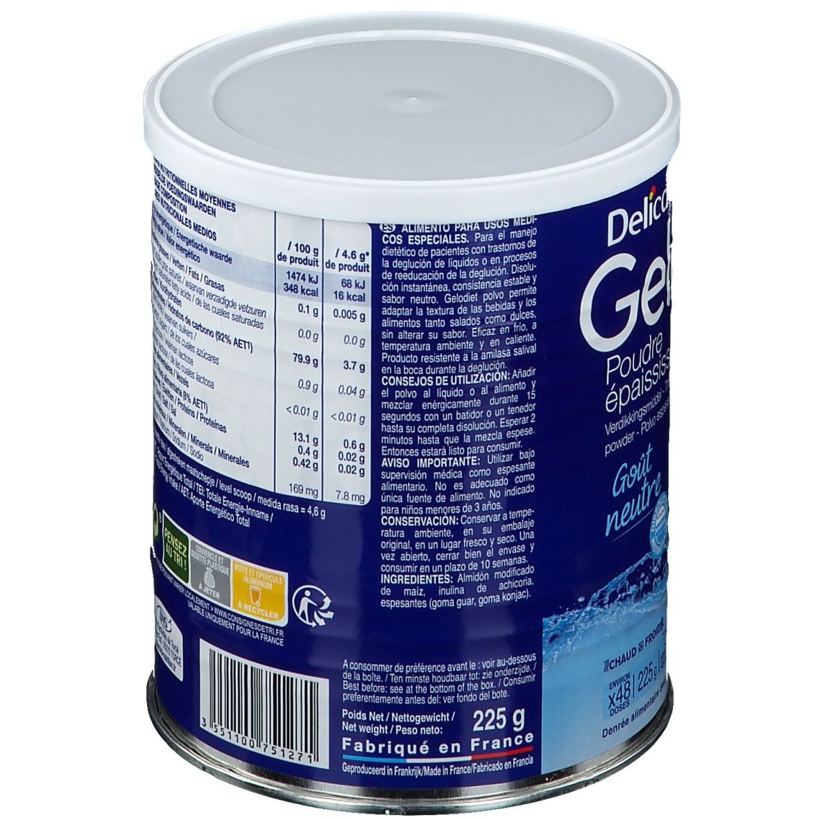 Achterkant van de Delical Gelodiet bus. Voedingswaardetabel, ingrediënten en gebruiksaanwijzing. Meertalige tekst.