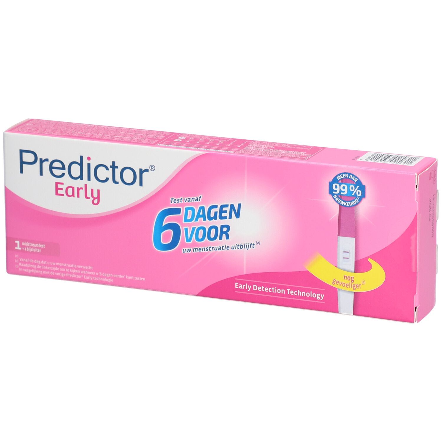 Verpakking van Predictor Early. Roze doos met tekst: 6 dagen eerder. 99% nauwkeurig. Vroege detectietechnologie. Bevat 1 test.