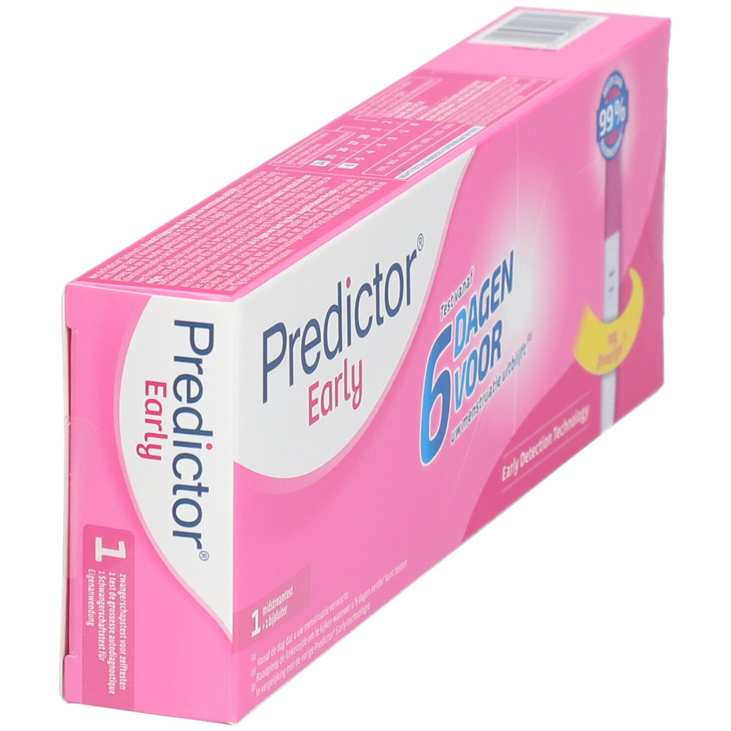 Roze verpakking van Predictor Early. Tekst: 6 dagen eerder. 99% nauwkeurig. Vroege detectietechnologie. Bevat 1 test. Doos schuin.
