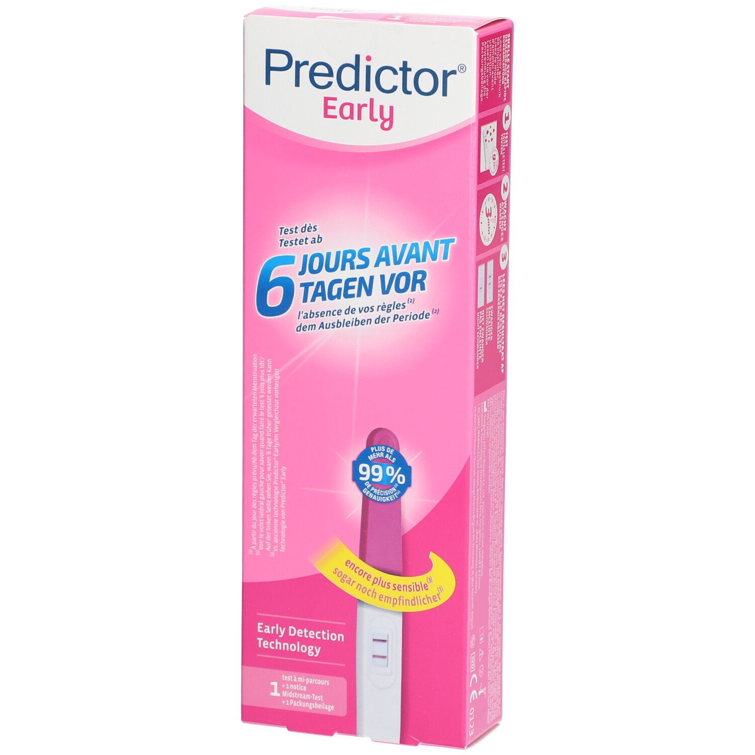 Roze verpakking van Predictor Early. Tekst: 6 dagen eerder. 99% nauwkeurig. Vroege detectietechnologie. Bevat 1 test. Doos schuin.