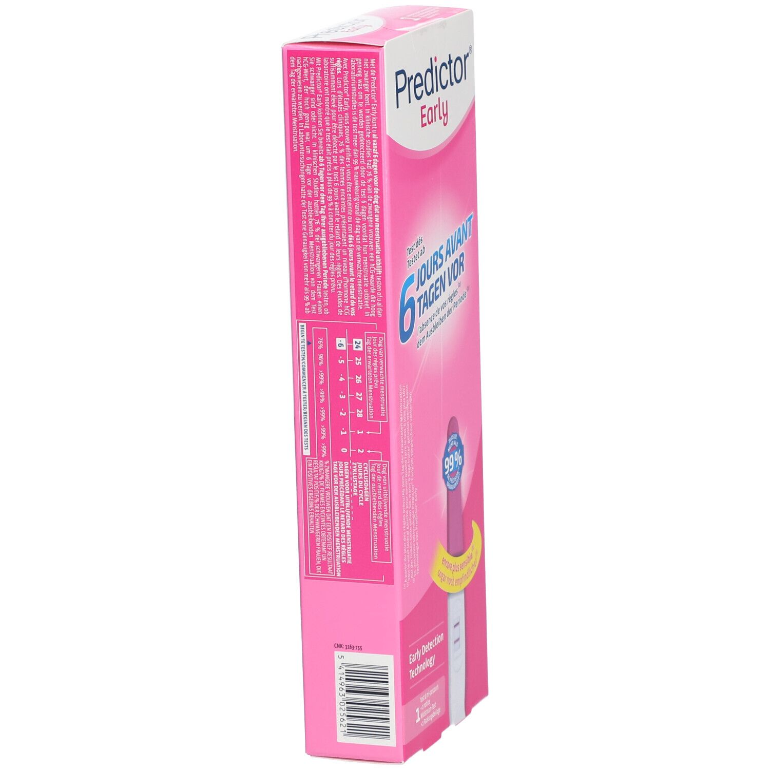 Achterkant van de roze verpakking van Predictor Early. Tekst en informatie. Bevat 1 test. 6 dagen eerder. 99% nauwkeurig.