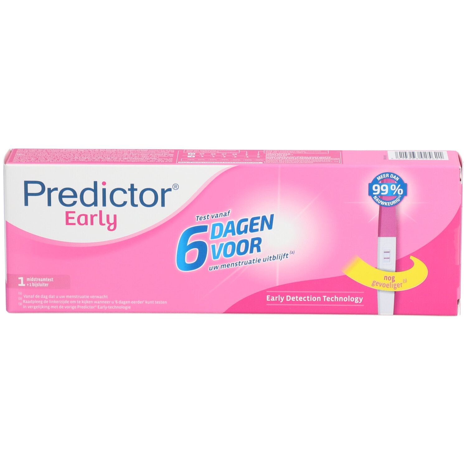 Verpakking van Predictor Early. Roze doos met tekst: 6 dagen eerder. 99% nauwkeurig. Bevat 1 test. Vroege detectietechnologie.
