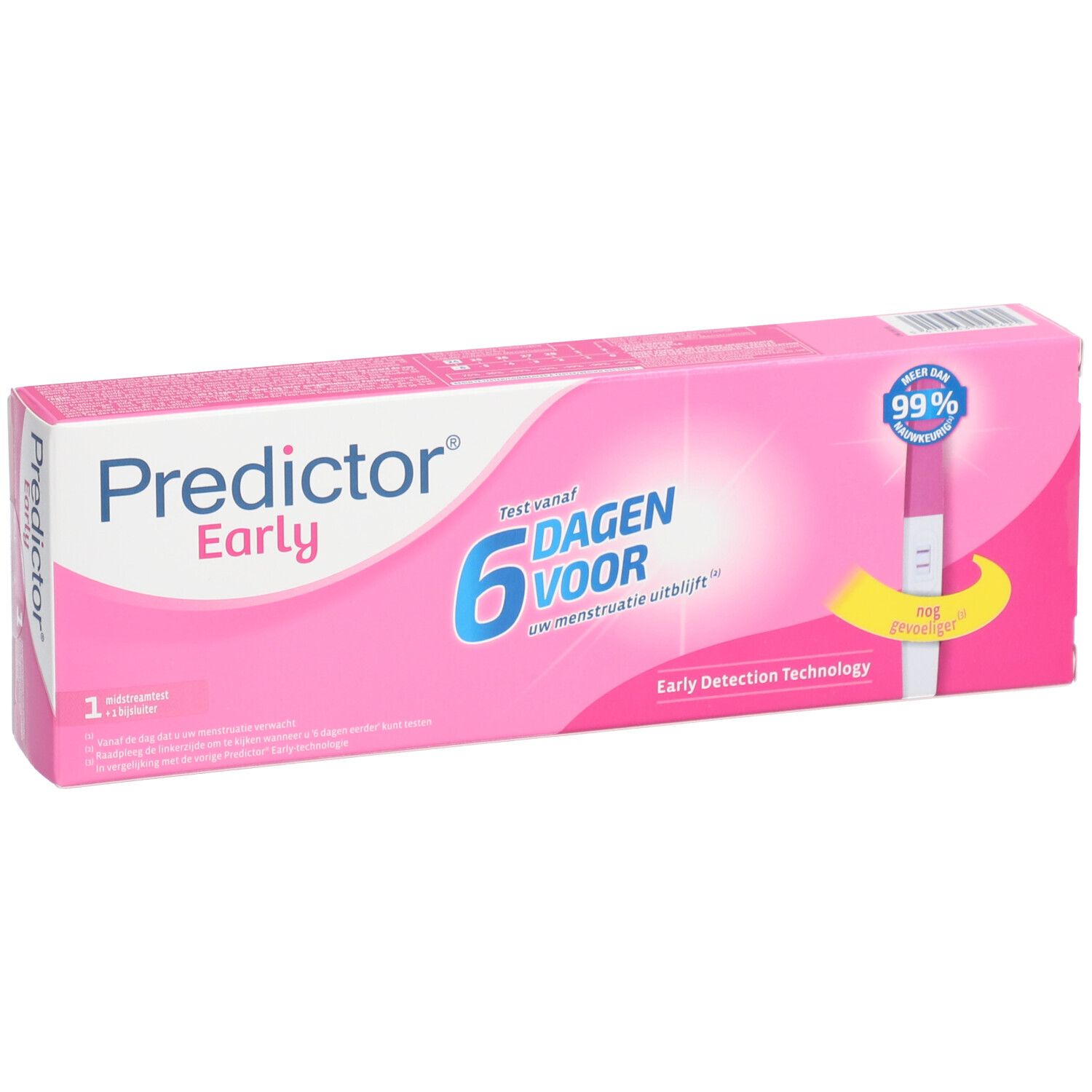 Verpakking van Predictor Early. Roze doos met tekst: 6 dagen eerder. 99% nauwkeurig. Bevat 1 test. Vroege detectietechnologie.
