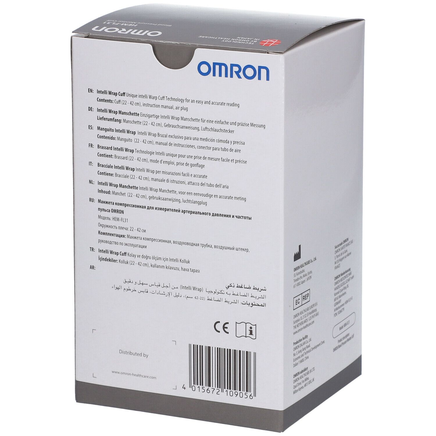 Verpackung mit Produktinformationen in verschiedenen Sprachen. OMRON, Intelli Wrap Manschette, CE-Kennzeichnung.