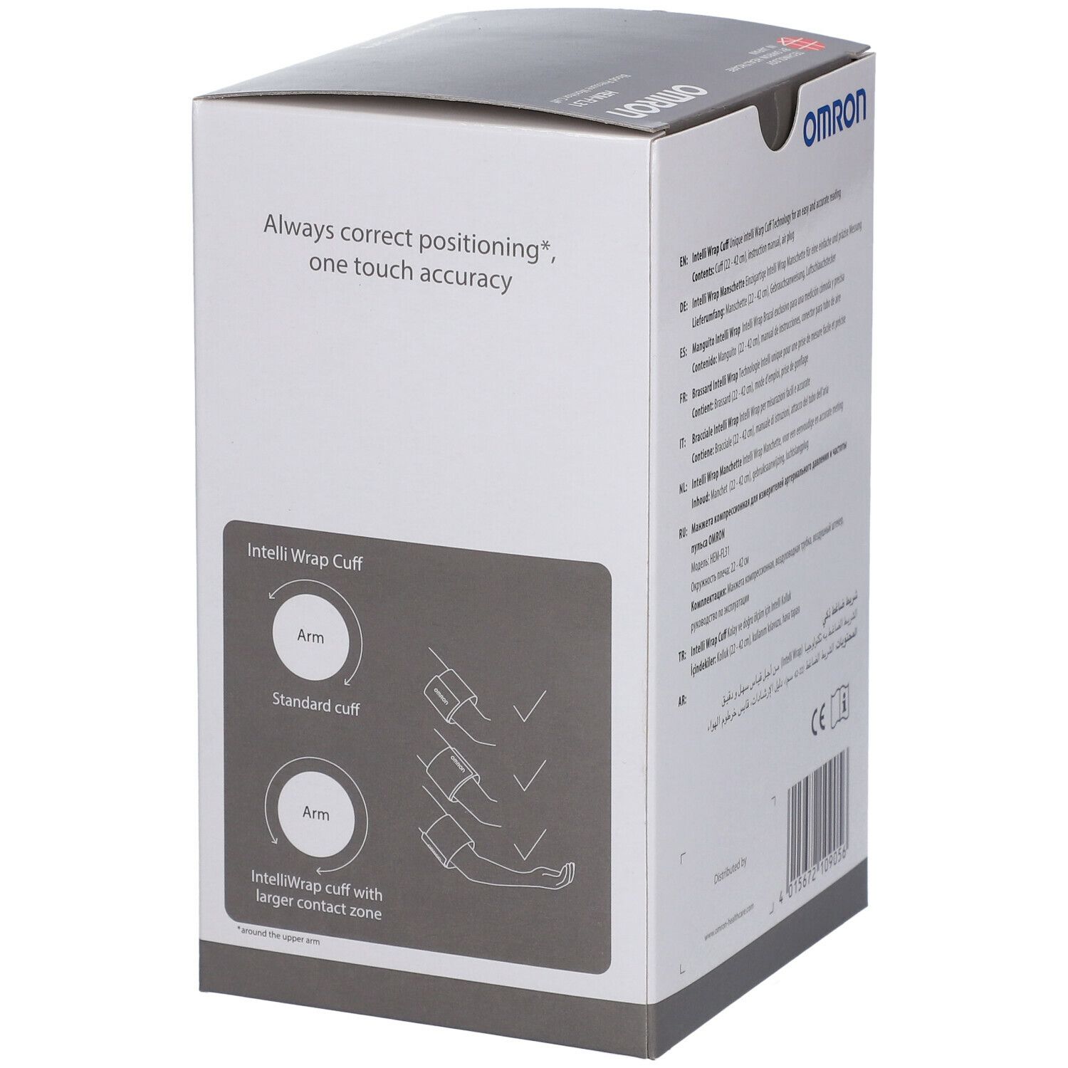 Verpackung mit Illustrationen zur Anwendung der Manschette. OMRON, Intelli Wrap Cuff, Arm-Darstellung.