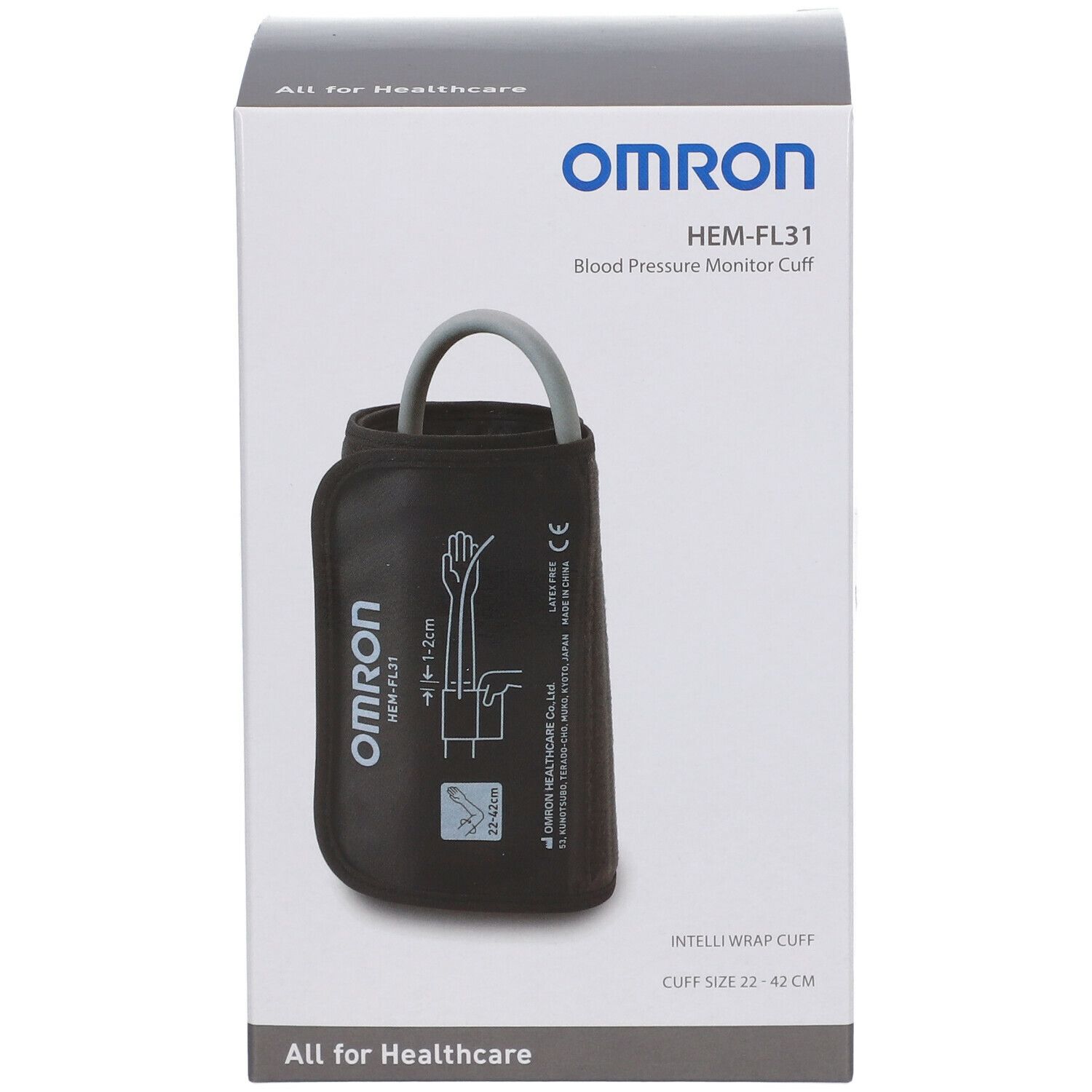 OMRON HEM-FL31 Verpackung. Schwarze Manschette mit grauer Schlaufe. Produktname und Logo.