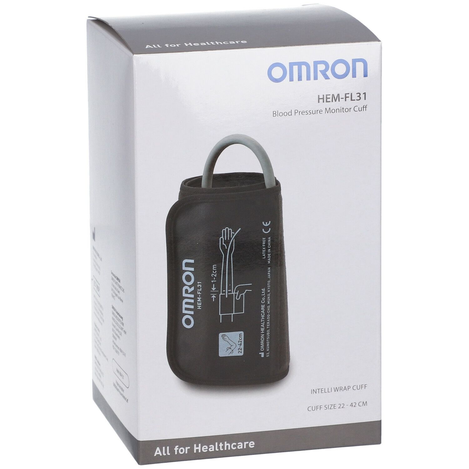 OMRON HEM-FL31 Verpackung. Schwarze Manschette mit grauer Schlaufe. Produktname und Logo.