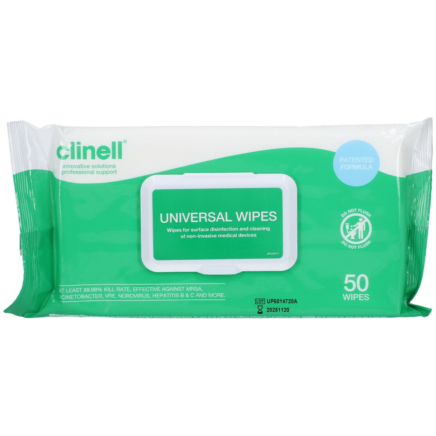 Verpakking clinell® Universal-reinigingsdoekjes. Groen-witte verpakking met productnaam en aanduiding van 50 doekjes.