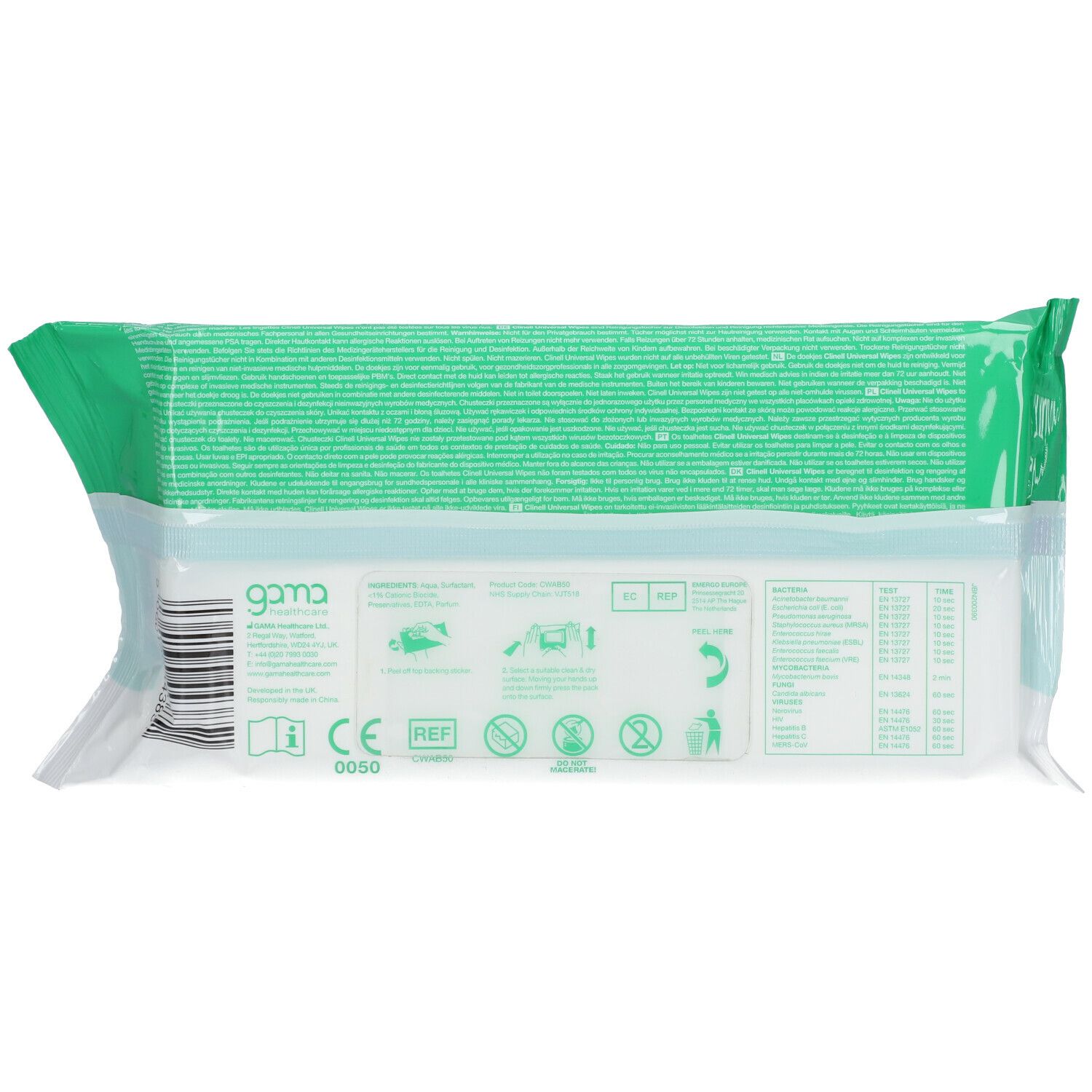 Achterkant van de verpakking clinell® Universal-reinigingsdoekjes. Groen-witte verpakking met tekst en symbolen.