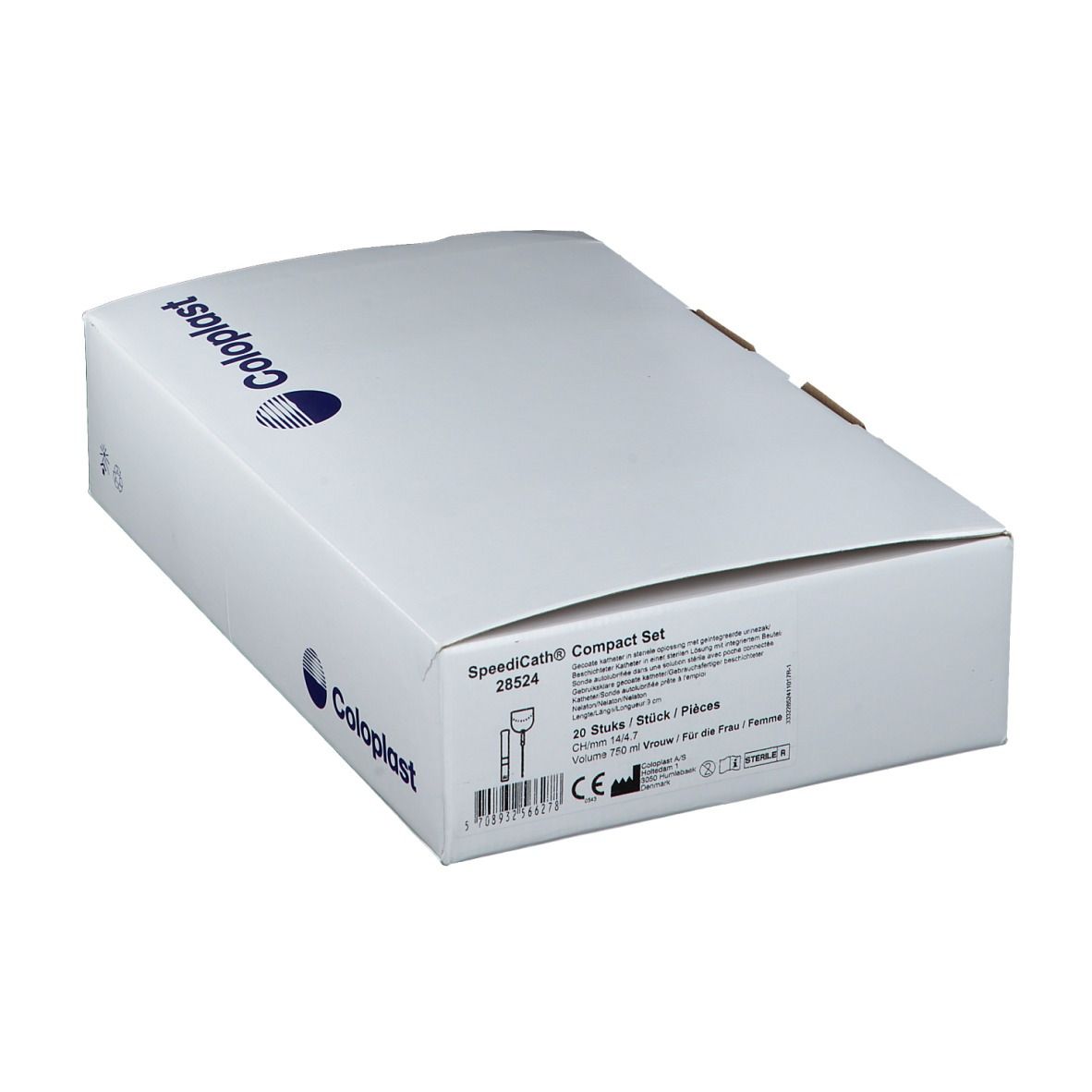 Witte verpakking met Coloplast-logo. Opschrift: SpeediCath Compact Set, 28524, 20 stuks.