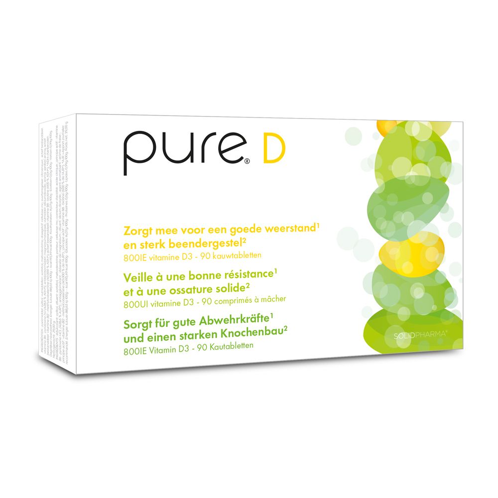 Weiße Schachtel mit pure. D-Logo und grünen Formen. Text in Deutsch, Französisch, Niederländisch.