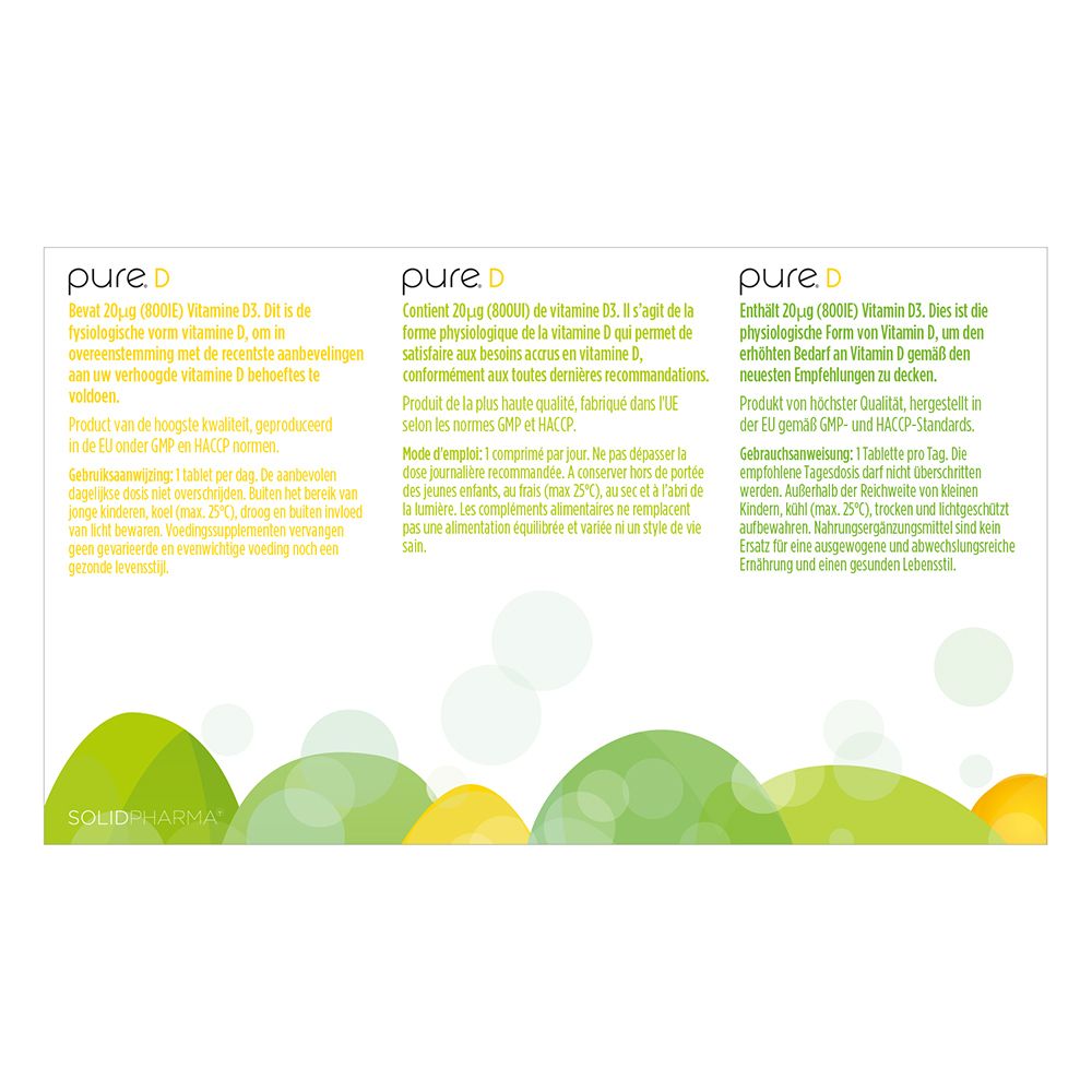 Rückseite der weißen Schachtel mit pure. D-Logo. Text in Deutsch, Französisch, Niederländisch.