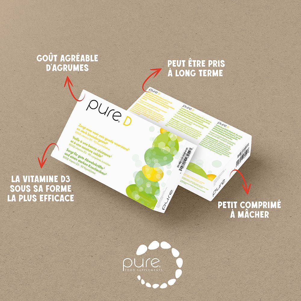 Boîte "pure.D" blanche, en biais. Texte en allemand, néerlandais et français.