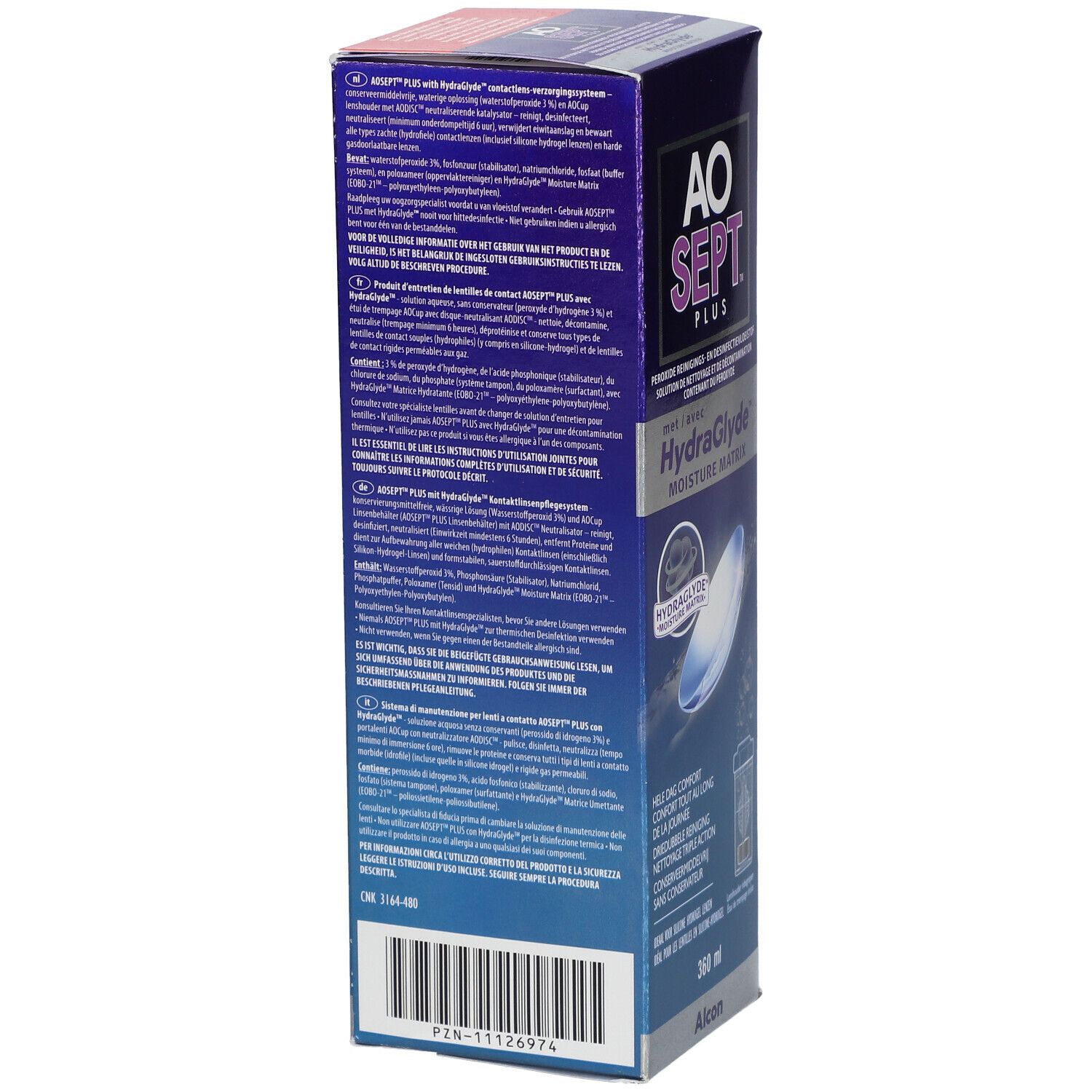Dos de la boîte AO SEPT PLUS avec HydraGlyde. Texte multilingue, informations produit et coordonnées du fabricant.