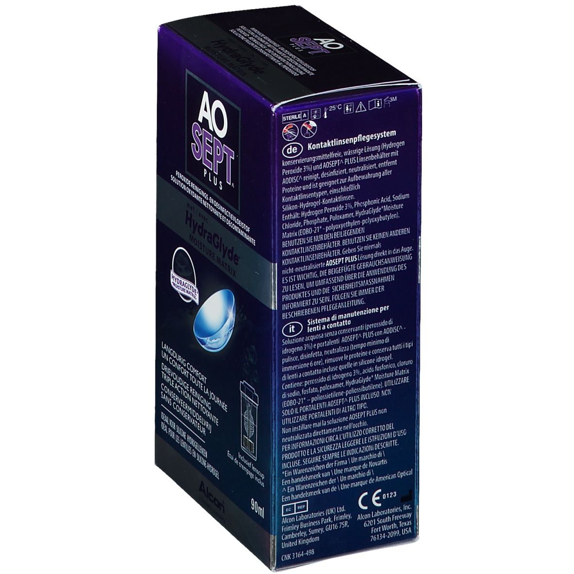 Seitenansicht der Verpackung von Aosept Plus mit HydraGlyde. Text: AO SEPT PLUS, HydraGlyde Moisture Matrix. Enthält Kontaktlinsenbehälter. 50ml.