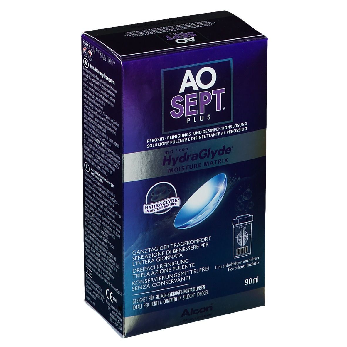 Verpackung von Aosept Plus mit HydraGlyde. Aufschrift: AO SEPT PLUS, HydraGlyde Moisture Matrix. Enthält Kontaktlinsenbehälter. 90ml.