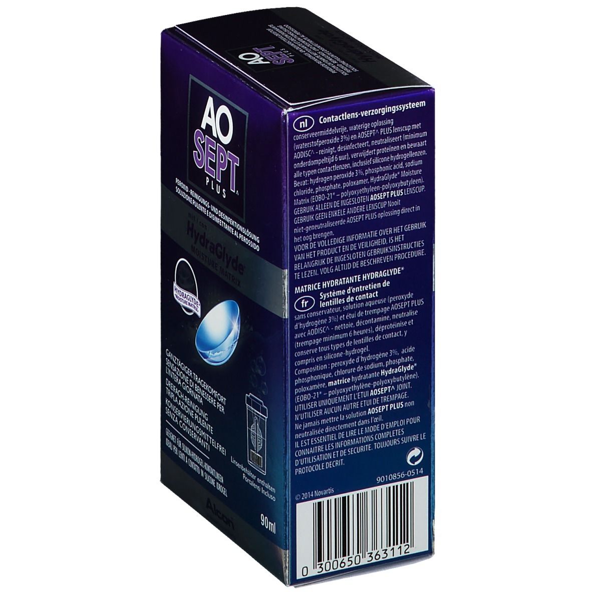 Seitenansicht der Verpackung von Aosept Plus mit HydraGlyde. Text: AO SEPT PLUS, HydraGlyde Moisture Matrix. Enthält Kontaktlinsenbehälter. 90ml.