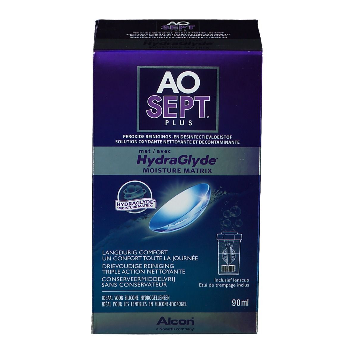 Verpackung von Aosept Plus mit HydraGlyde. Aufschrift: AO SEPT PLUS, HydraGlyde Moisture Matrix. Enthält Kontaktlinsenbehälter. 90ml.