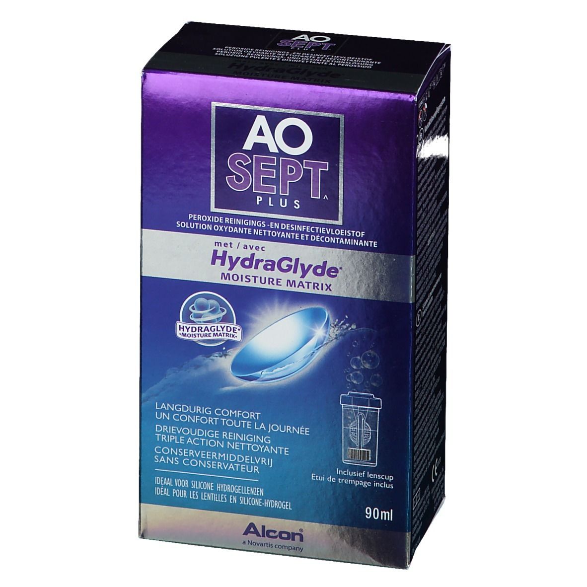 Verpackung von Aosept Plus mit HydraGlyde. Aufschrift: AO SEPT PLUS, HydraGlyde Moisture Matrix. Enthält Kontaktlinsenbehälter. 90ml.