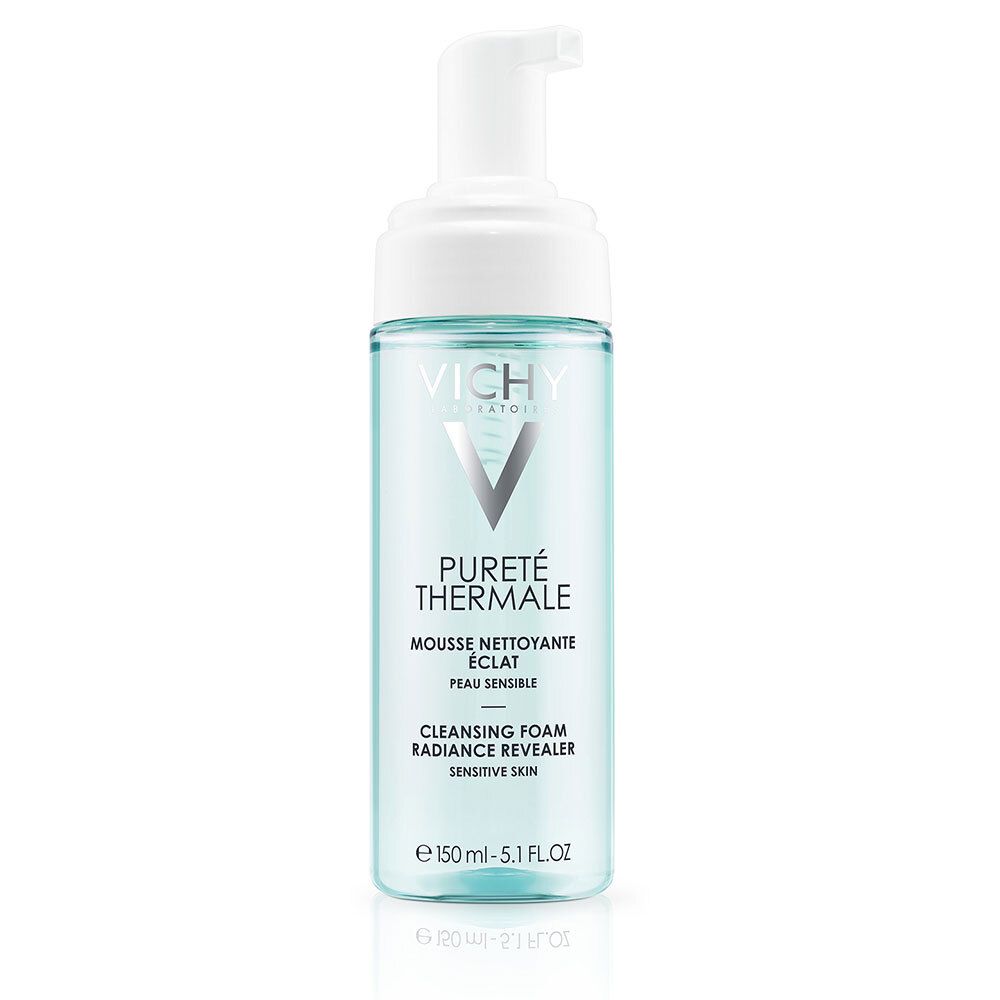 Flacon de mousse nettoyante avec pompe blanche. Logo Vichy et nom du produit visibles.