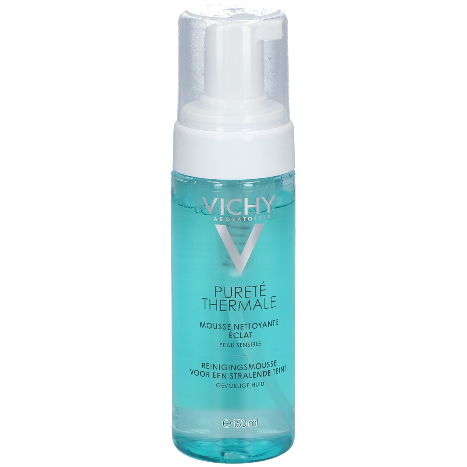 Flacon de mousse nettoyante avec pompe blanche. Logo Vichy et nom du produit visibles.