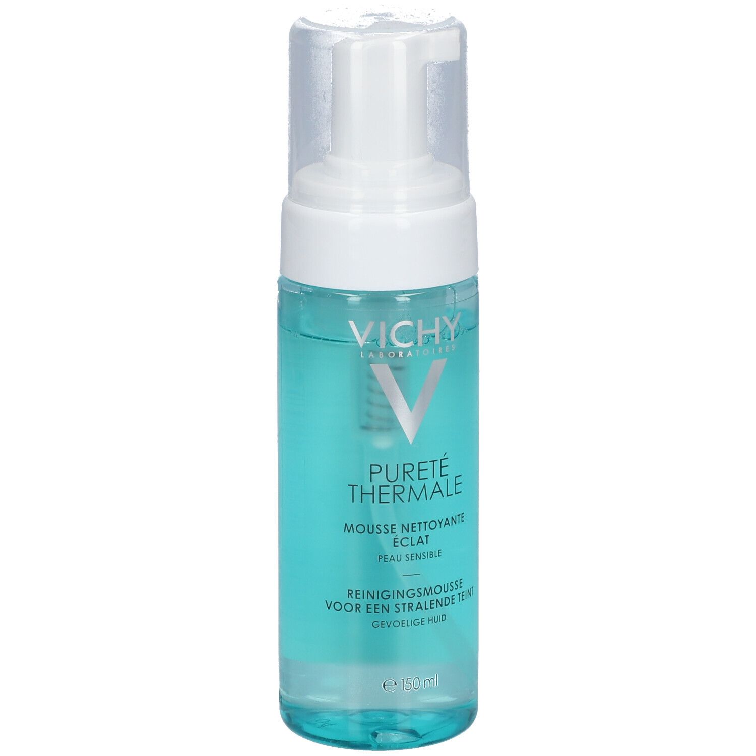 Flacon de mousse nettoyante avec pompe blanche. Logo Vichy et nom du produit visibles.