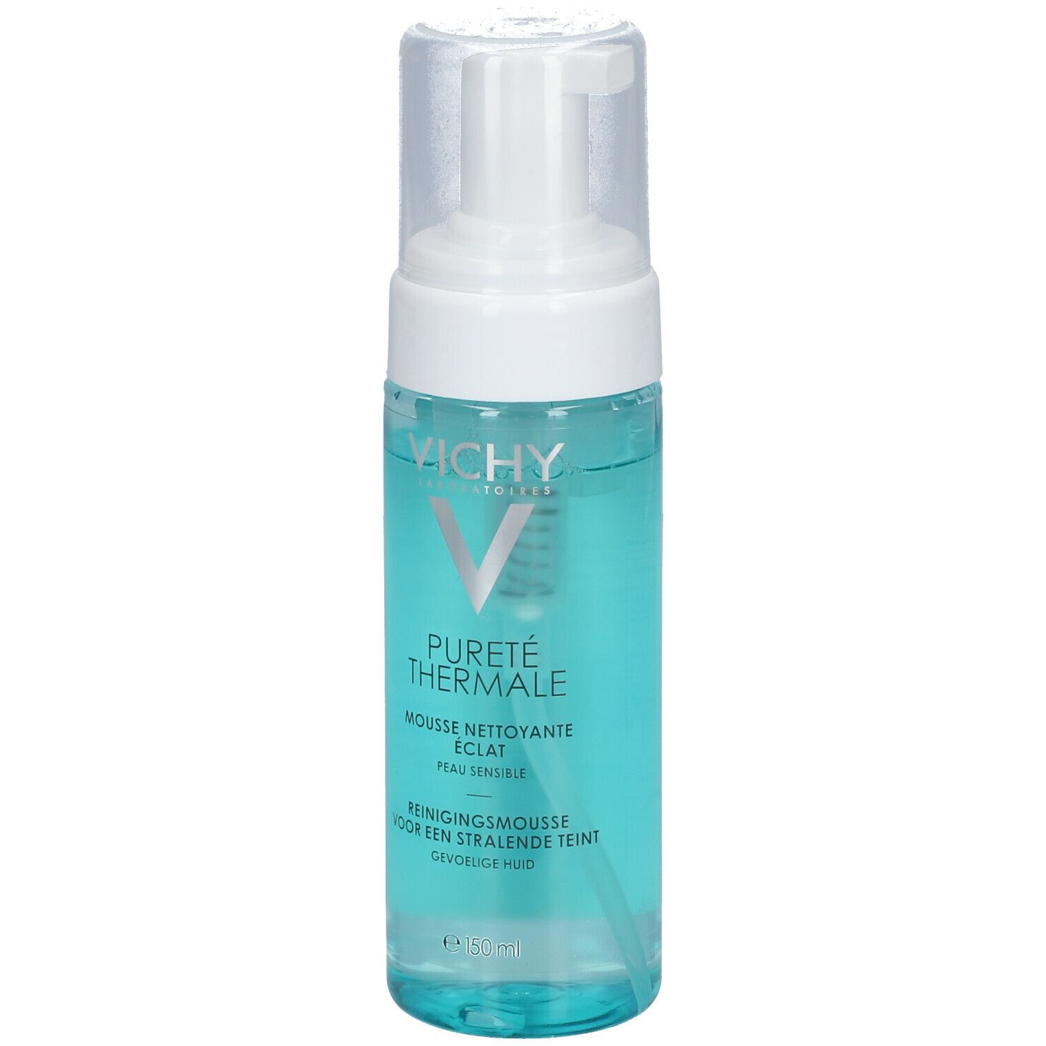 Flacon de mousse nettoyante avec pompe blanche. Logo Vichy et nom du produit visibles.