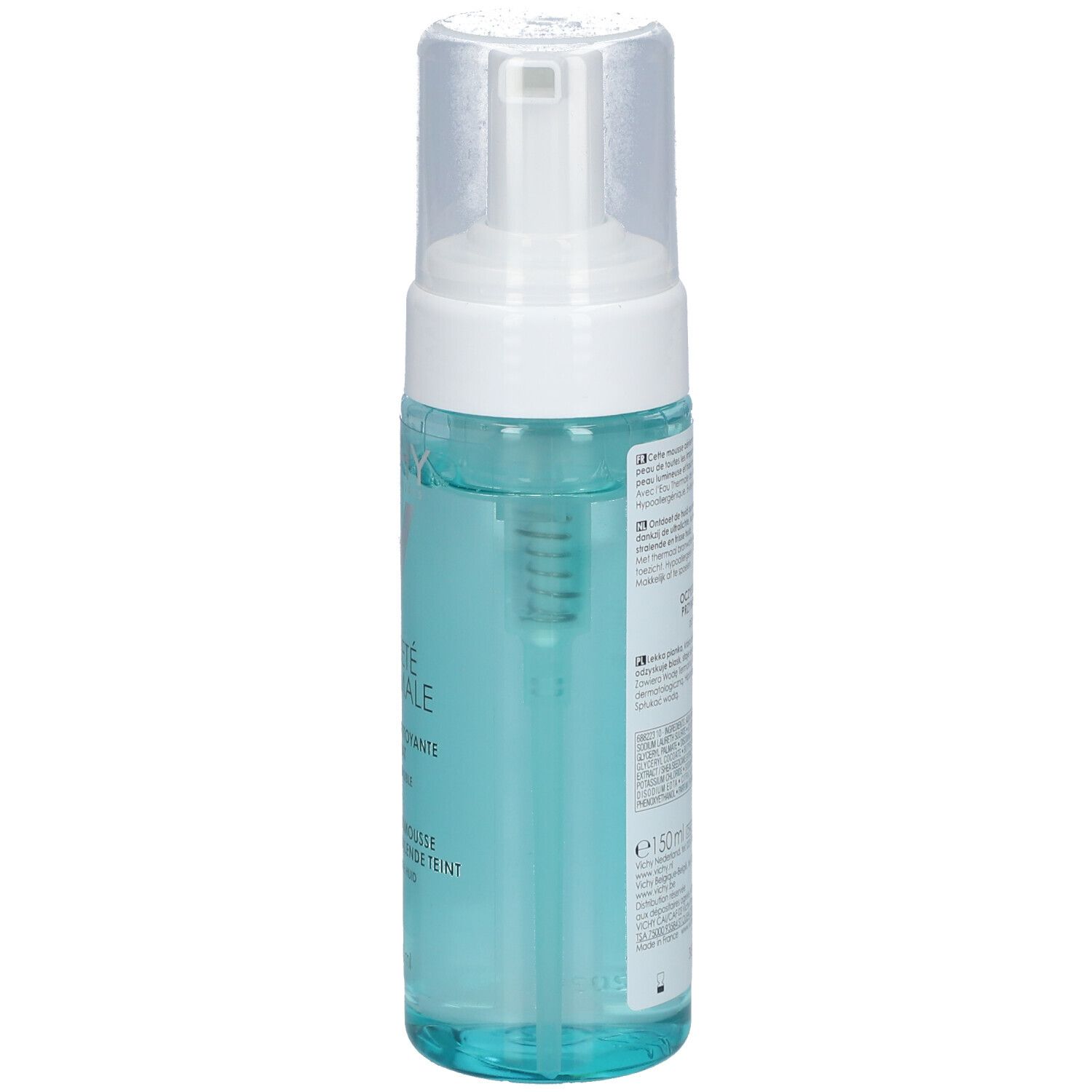 Flacon de mousse nettoyante avec pompe blanche. Logo Vichy et nom du produit visibles.