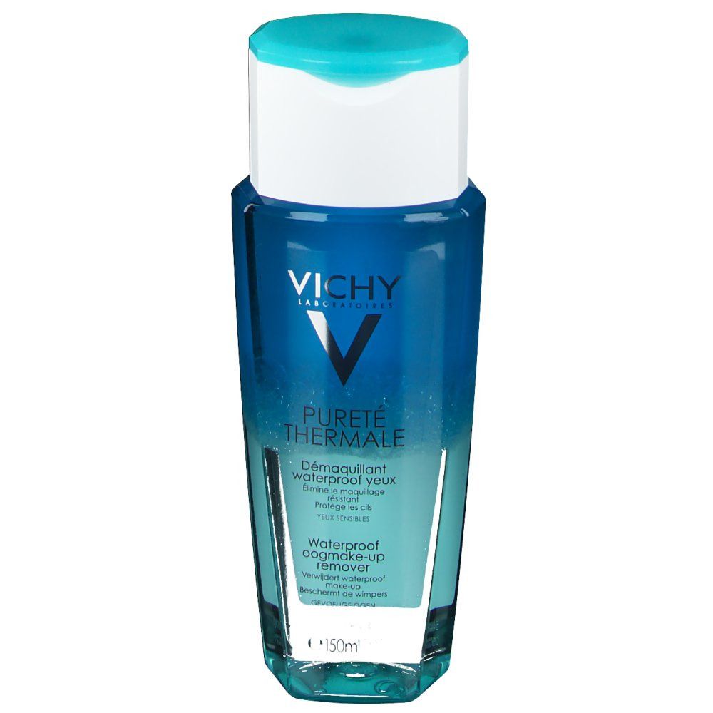 Flacon bleu transparent avec bouchon blanc. Inscription: VICHY, Pureté Thermale, Démaquillant yeux waterproof.