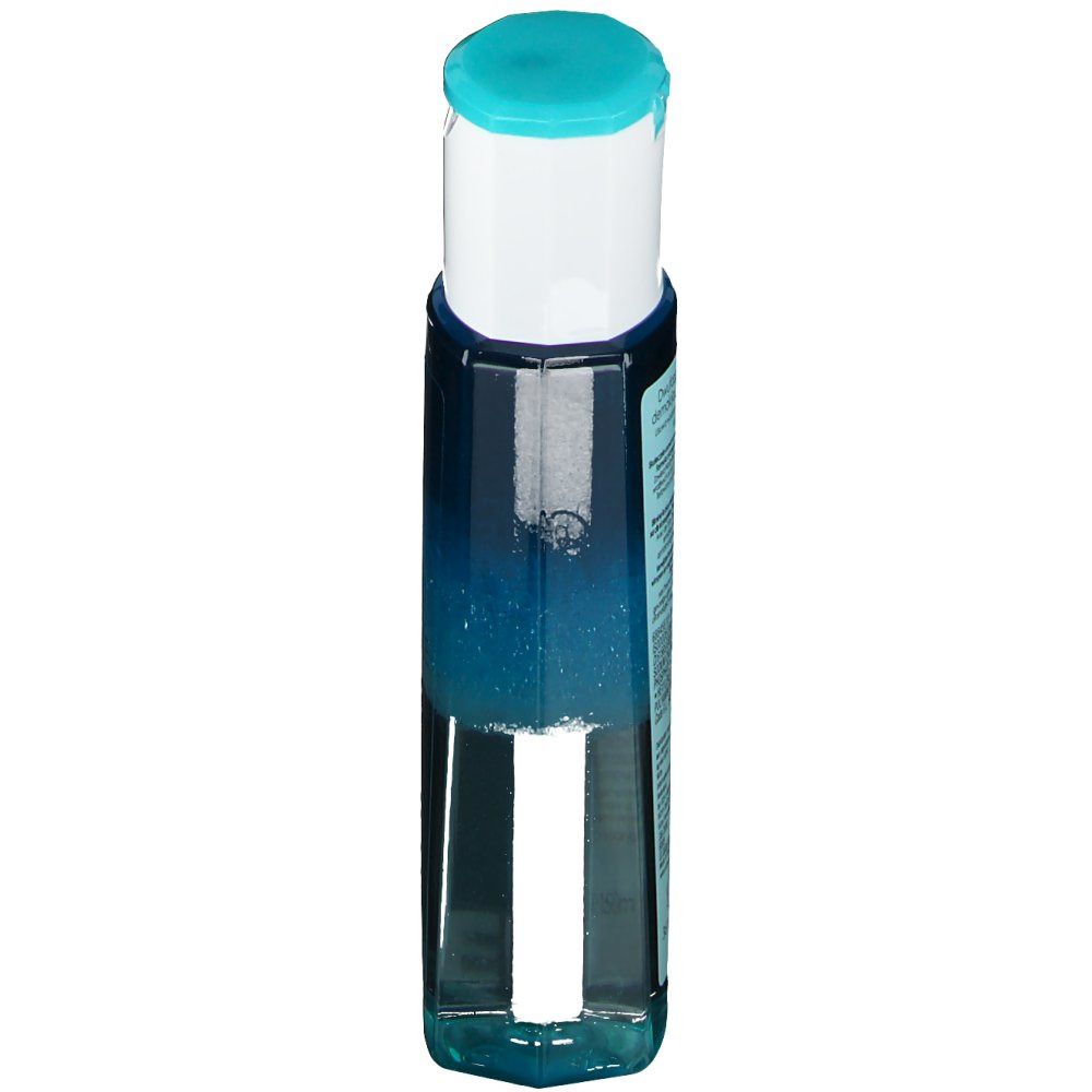 Flacon avec liquide bleu transparent. Bouchon blanc avec fermeture turquoise. Étiquette avec texte.