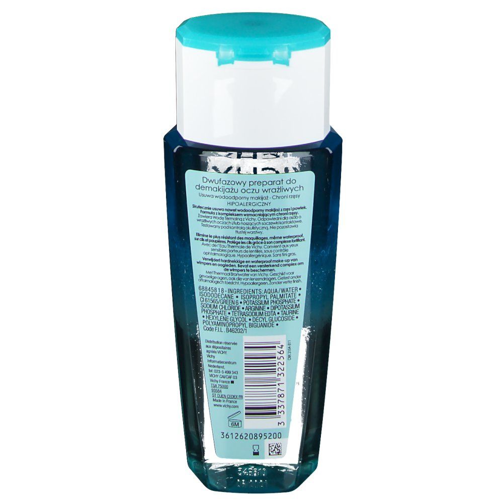 Dos du flacon. Étiquette avec ingrédients et informations produit. Dégradé de bleu à transparent.