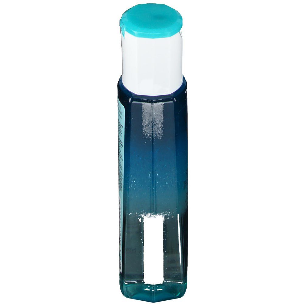 Flacon avec liquide bleu transparent. Bouchon blanc avec fermeture turquoise. Étiquette avec texte.