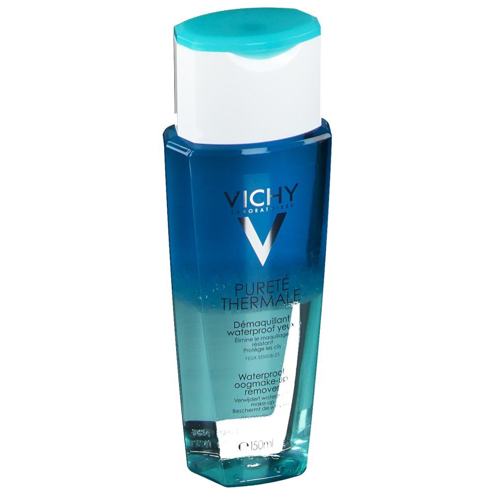 Flacon bleu transparent avec bouchon blanc. Inscription: VICHY, Pureté Thermale, Démaquillant yeux waterproof.